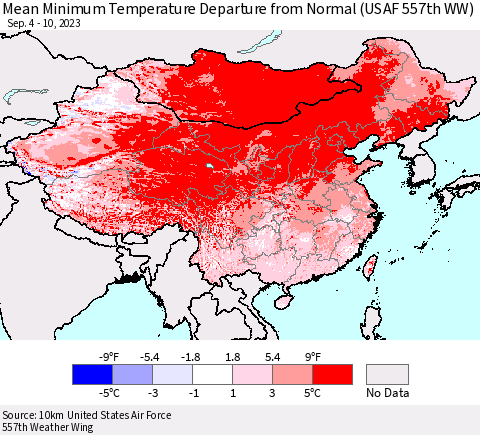 China, Mongolia and Taiwan Mean Minimum Temperature Departure from Normal (USAF 557th WW) Thematic Map For 9/4/2023 - 9/10/2023