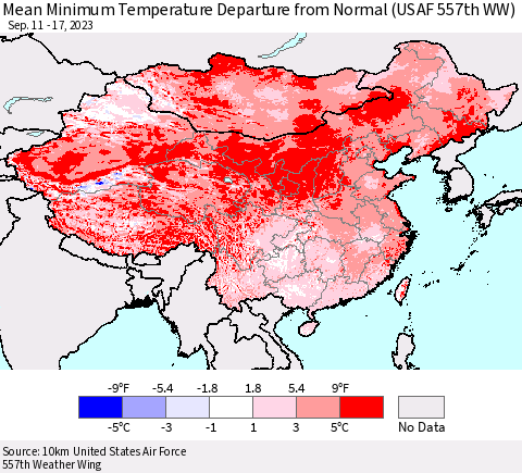 China, Mongolia and Taiwan Mean Minimum Temperature Departure from Normal (USAF 557th WW) Thematic Map For 9/11/2023 - 9/17/2023