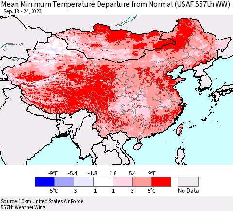 China, Mongolia and Taiwan Mean Minimum Temperature Departure from Normal (USAF 557th WW) Thematic Map For 9/18/2023 - 9/24/2023