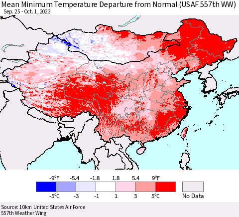 China, Mongolia and Taiwan Mean Minimum Temperature Departure from Normal (USAF 557th WW) Thematic Map For 9/25/2023 - 10/1/2023