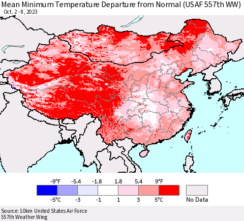 China, Mongolia and Taiwan Mean Minimum Temperature Departure from Normal (USAF 557th WW) Thematic Map For 10/2/2023 - 10/8/2023