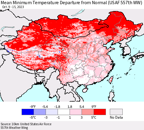 China, Mongolia and Taiwan Mean Minimum Temperature Departure from Normal (USAF 557th WW) Thematic Map For 10/9/2023 - 10/15/2023