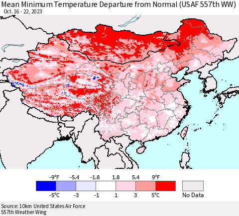 China, Mongolia and Taiwan Mean Minimum Temperature Departure from Normal (USAF 557th WW) Thematic Map For 10/16/2023 - 10/22/2023