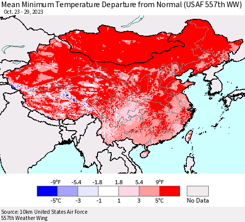 China, Mongolia and Taiwan Mean Minimum Temperature Departure from Normal (USAF 557th WW) Thematic Map For 10/23/2023 - 10/29/2023