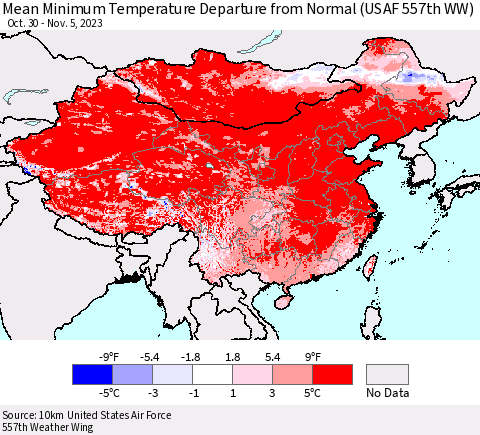 China, Mongolia and Taiwan Mean Minimum Temperature Departure from Normal (USAF 557th WW) Thematic Map For 10/30/2023 - 11/5/2023