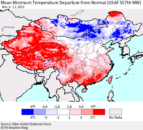China, Mongolia and Taiwan Mean Minimum Temperature Departure from Normal (USAF 557th WW) Thematic Map For 11/6/2023 - 11/12/2023