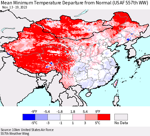 China, Mongolia and Taiwan Mean Minimum Temperature Departure from Normal (USAF 557th WW) Thematic Map For 11/13/2023 - 11/19/2023