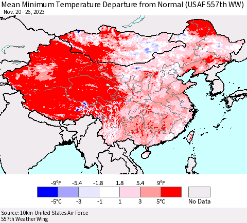 China, Mongolia and Taiwan Mean Minimum Temperature Departure from Normal (USAF 557th WW) Thematic Map For 11/20/2023 - 11/26/2023