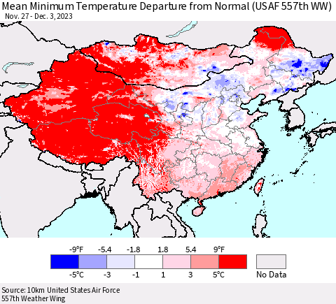 China, Mongolia and Taiwan Mean Minimum Temperature Departure from Normal (USAF 557th WW) Thematic Map For 11/27/2023 - 12/3/2023