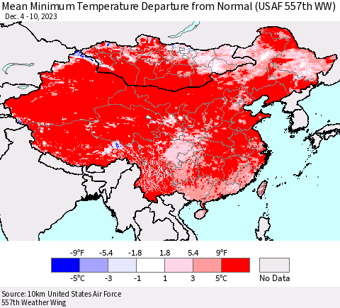 China, Mongolia and Taiwan Mean Minimum Temperature Departure from Normal (USAF 557th WW) Thematic Map For 12/4/2023 - 12/10/2023