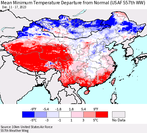 China, Mongolia and Taiwan Mean Minimum Temperature Departure from Normal (USAF 557th WW) Thematic Map For 12/11/2023 - 12/17/2023