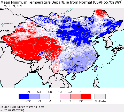 China, Mongolia and Taiwan Mean Minimum Temperature Departure from Normal (USAF 557th WW) Thematic Map For 12/18/2023 - 12/24/2023