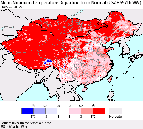 China, Mongolia and Taiwan Mean Minimum Temperature Departure from Normal (USAF 557th WW) Thematic Map For 12/25/2023 - 12/31/2023