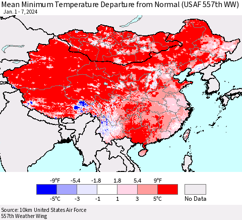 China, Mongolia and Taiwan Mean Minimum Temperature Departure from Normal (USAF 557th WW) Thematic Map For 1/1/2024 - 1/7/2024