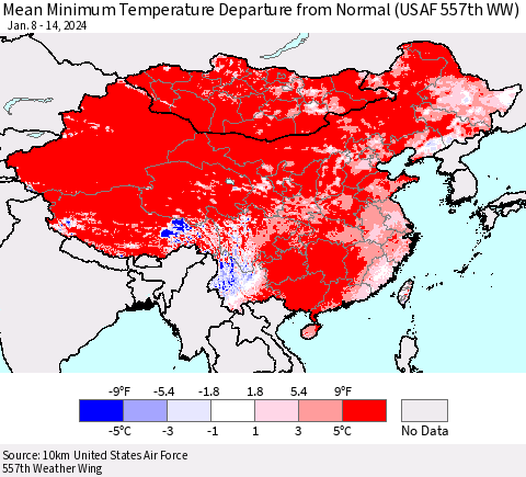 China, Mongolia and Taiwan Mean Minimum Temperature Departure from Normal (USAF 557th WW) Thematic Map For 1/8/2024 - 1/14/2024