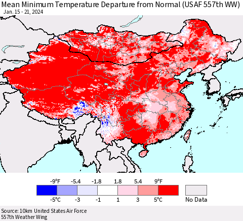 China, Mongolia and Taiwan Mean Minimum Temperature Departure from Normal (USAF 557th WW) Thematic Map For 1/15/2024 - 1/21/2024