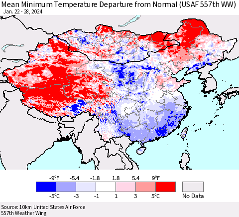 China, Mongolia and Taiwan Mean Minimum Temperature Departure from Normal (USAF 557th WW) Thematic Map For 1/22/2024 - 1/28/2024