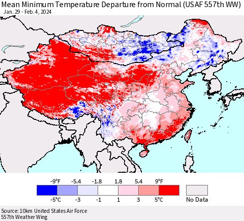 China, Mongolia and Taiwan Mean Minimum Temperature Departure from Normal (USAF 557th WW) Thematic Map For 1/29/2024 - 2/4/2024