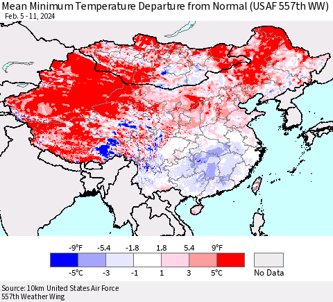 China, Mongolia and Taiwan Mean Minimum Temperature Departure from Normal (USAF 557th WW) Thematic Map For 2/5/2024 - 2/11/2024