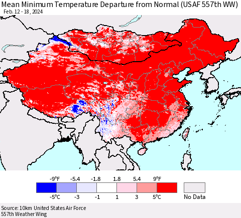 China, Mongolia and Taiwan Mean Minimum Temperature Departure from Normal (USAF 557th WW) Thematic Map For 2/12/2024 - 2/18/2024
