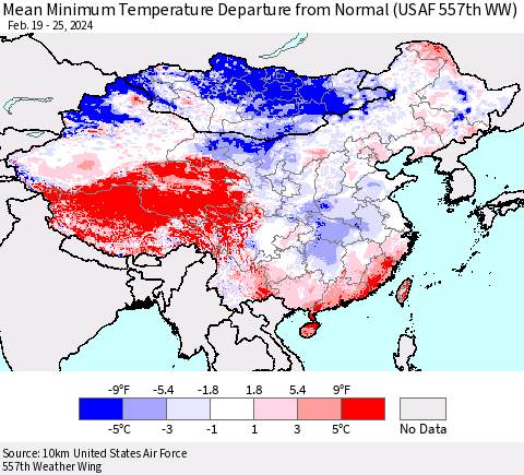 China, Mongolia and Taiwan Mean Minimum Temperature Departure from Normal (USAF 557th WW) Thematic Map For 2/19/2024 - 2/25/2024