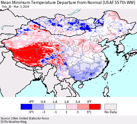 China, Mongolia and Taiwan Mean Minimum Temperature Departure from Normal (USAF 557th WW) Thematic Map For 2/26/2024 - 3/3/2024