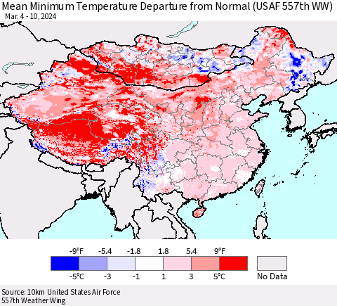 China, Mongolia and Taiwan Mean Minimum Temperature Departure from Normal (USAF 557th WW) Thematic Map For 3/4/2024 - 3/10/2024