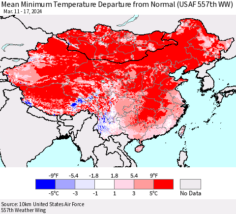 China, Mongolia and Taiwan Mean Minimum Temperature Departure from Normal (USAF 557th WW) Thematic Map For 3/11/2024 - 3/17/2024