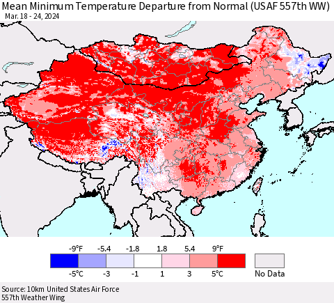 China, Mongolia and Taiwan Mean Minimum Temperature Departure from Normal (USAF 557th WW) Thematic Map For 3/18/2024 - 3/24/2024