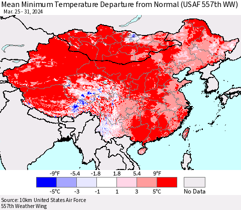 China, Mongolia and Taiwan Mean Minimum Temperature Departure from Normal (USAF 557th WW) Thematic Map For 3/25/2024 - 3/31/2024