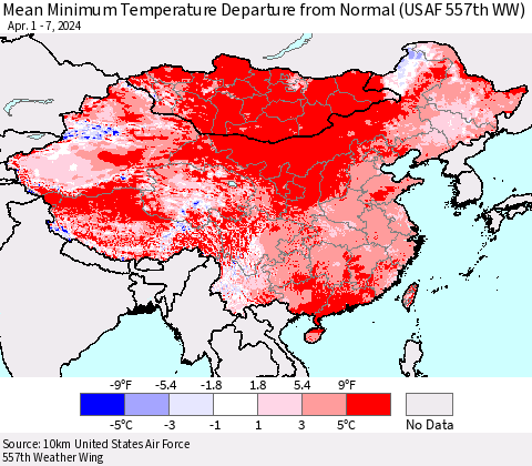 China, Mongolia and Taiwan Mean Minimum Temperature Departure from Normal (USAF 557th WW) Thematic Map For 4/1/2024 - 4/7/2024