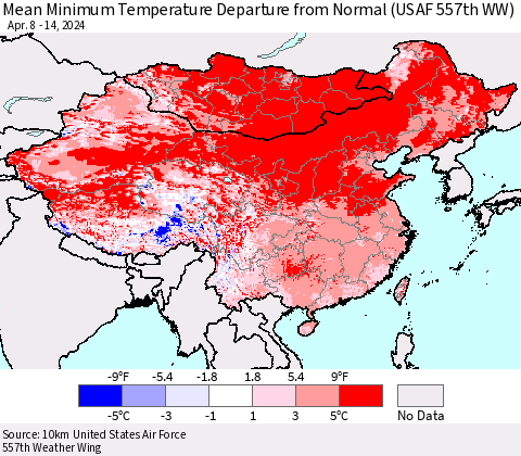 China, Mongolia and Taiwan Mean Minimum Temperature Departure from Normal (USAF 557th WW) Thematic Map For 4/8/2024 - 4/14/2024