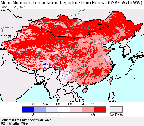 China, Mongolia and Taiwan Mean Minimum Temperature Departure from Normal (USAF 557th WW) Thematic Map For 4/15/2024 - 4/21/2024