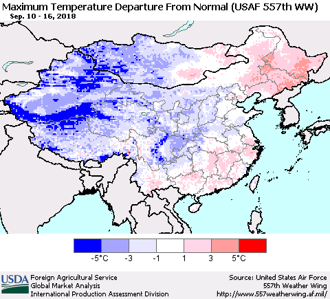 China and Taiwan Mean Maximum Temperature Departure from Normal (USAF 557th WW) Thematic Map For 9/10/2018 - 9/16/2018