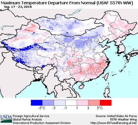 China and Taiwan Mean Maximum Temperature Departure from Normal (USAF 557th WW) Thematic Map For 9/17/2018 - 9/23/2018
