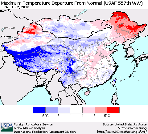 China and Taiwan Mean Maximum Temperature Departure from Normal (USAF 557th WW) Thematic Map For 10/1/2018 - 10/7/2018