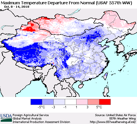China and Taiwan Mean Maximum Temperature Departure from Normal (USAF 557th WW) Thematic Map For 10/8/2018 - 10/14/2018
