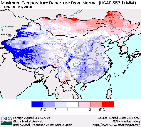 China and Taiwan Mean Maximum Temperature Departure from Normal (USAF 557th WW) Thematic Map For 10/15/2018 - 10/21/2018