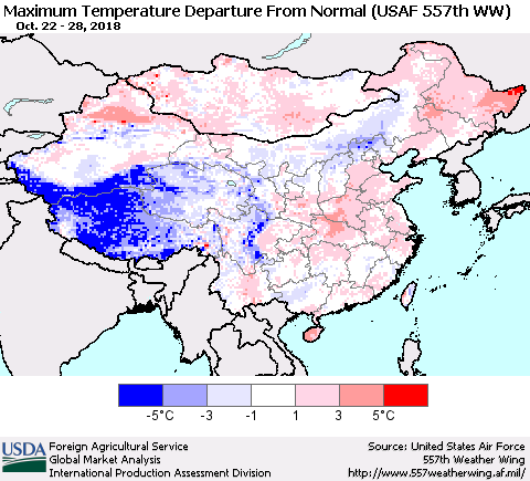 China and Taiwan Mean Maximum Temperature Departure from Normal (USAF 557th WW) Thematic Map For 10/22/2018 - 10/28/2018