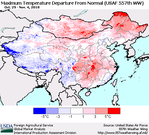 China and Taiwan Mean Maximum Temperature Departure from Normal (USAF 557th WW) Thematic Map For 10/29/2018 - 11/4/2018