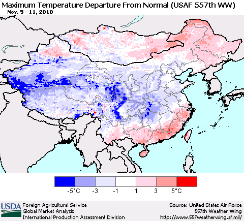 China and Taiwan Mean Maximum Temperature Departure from Normal (USAF 557th WW) Thematic Map For 11/5/2018 - 11/11/2018