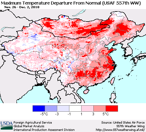 China and Taiwan Mean Maximum Temperature Departure from Normal (USAF 557th WW) Thematic Map For 11/26/2018 - 12/2/2018