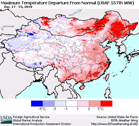 China and Taiwan Mean Maximum Temperature Departure from Normal (USAF 557th WW) Thematic Map For 12/17/2018 - 12/23/2018