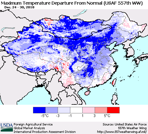 China and Taiwan Mean Maximum Temperature Departure from Normal (USAF 557th WW) Thematic Map For 12/24/2018 - 12/30/2018