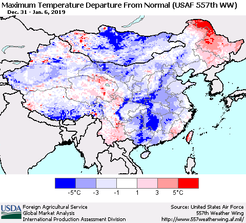 China and Taiwan Mean Maximum Temperature Departure from Normal (USAF 557th WW) Thematic Map For 12/31/2018 - 1/6/2019