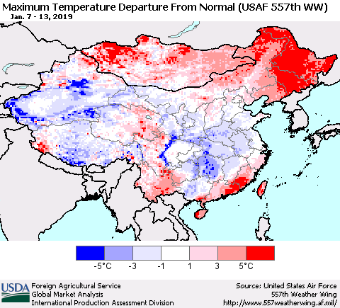 China and Taiwan Mean Maximum Temperature Departure from Normal (USAF 557th WW) Thematic Map For 1/7/2019 - 1/13/2019