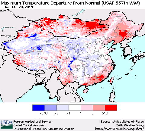 China and Taiwan Mean Maximum Temperature Departure from Normal (USAF 557th WW) Thematic Map For 1/14/2019 - 1/20/2019