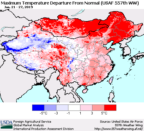 China and Taiwan Mean Maximum Temperature Departure from Normal (USAF 557th WW) Thematic Map For 1/21/2019 - 1/27/2019