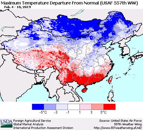 China and Taiwan Mean Maximum Temperature Departure from Normal (USAF 557th WW) Thematic Map For 2/4/2019 - 2/10/2019