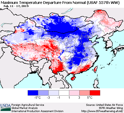 China and Taiwan Mean Maximum Temperature Departure from Normal (USAF 557th WW) Thematic Map For 2/11/2019 - 2/17/2019